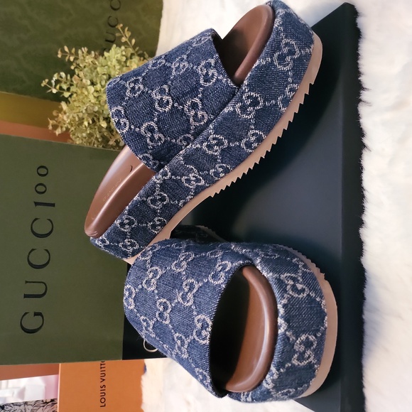 GUCCI Denim GG Monogram Angelina Platform 55mm Blue TeaI SIZE 37 UK/7 US - Picture 2 of 8